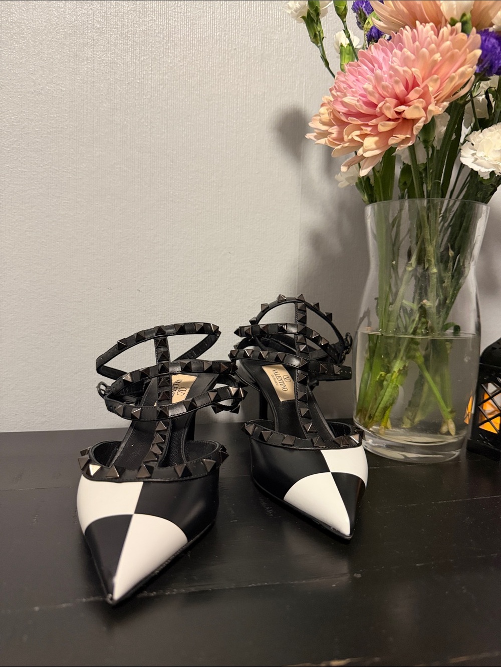 Valentino Black and White Stud-Trim Pointed Ankle-Strap Pumps